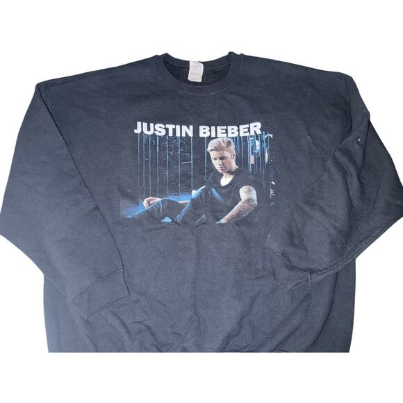 Justin Bieber Photo Under Logo Crewneck Sweatshirt Black Size Men's Unisex 3XL - Picture 1 of 4